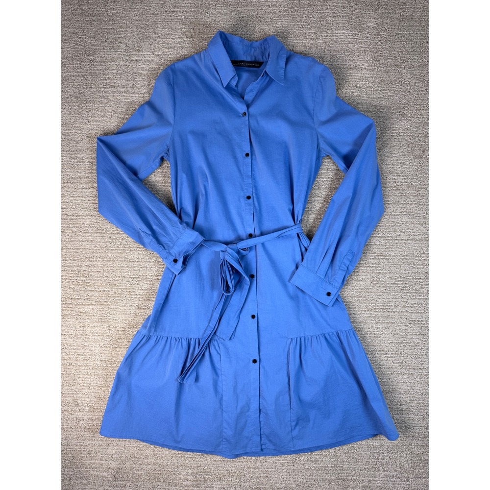 Zara Woman Blue Long Sleeve Button Down Ruffle Hem Belted Shirt Dress Small